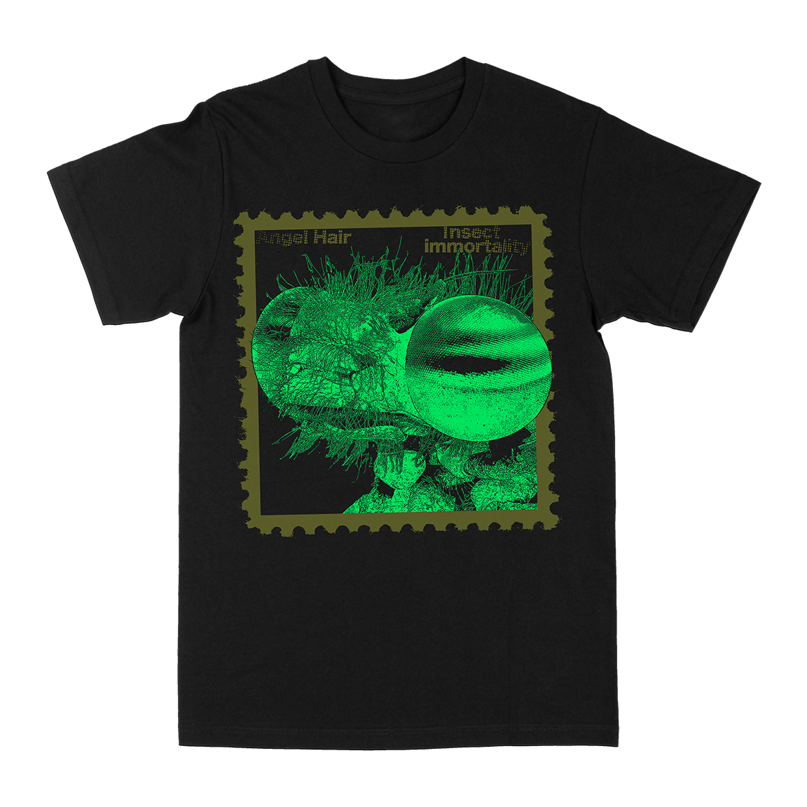 Angel Hair &quot;Insect Immortality: Green” Black T-Shirt