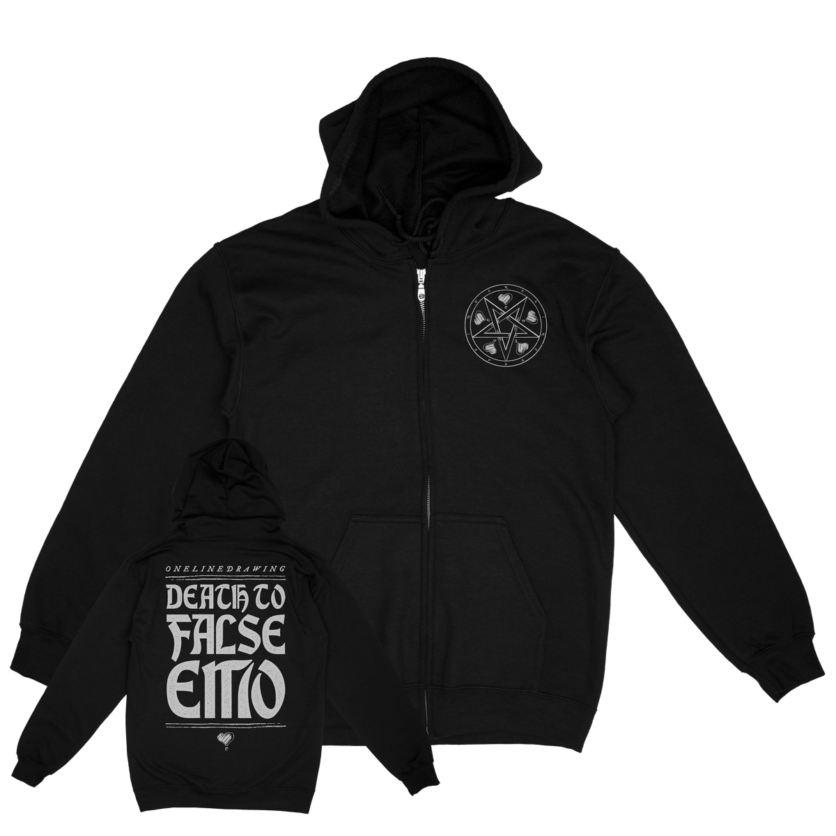 ONELINEDRAWING &quot;Death to False Emo&quot; Black Zip-Up Hoodie