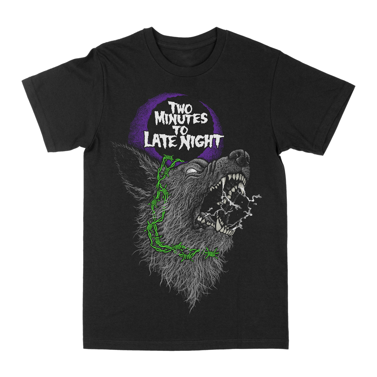 TWO MINUTES TO LATE NIGHT &quot;Rabid Dog: Purple &amp; Green&quot; Black T-Shirt