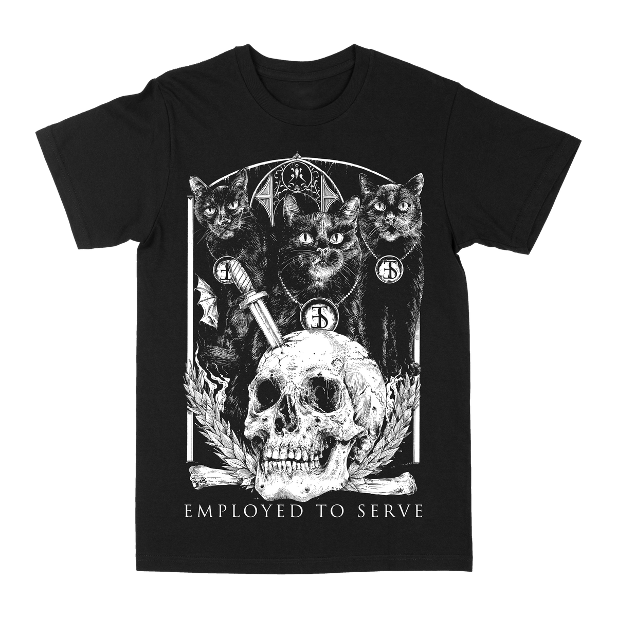 EMPLOYED TO SERVE &quot;Cats&quot; Black T-Shirt