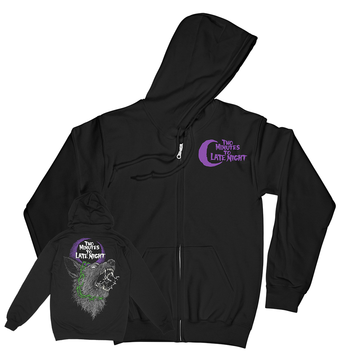 TWO MINUTES TO LATE NIGHT &quot;Rabid Dog: Purple &amp; Green&quot; Black Zip Up Hoodie